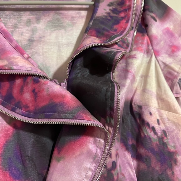 Samuel Dong ruffle zipper front abstract watercolor pink purple midi dress S - Picture 3 of 7